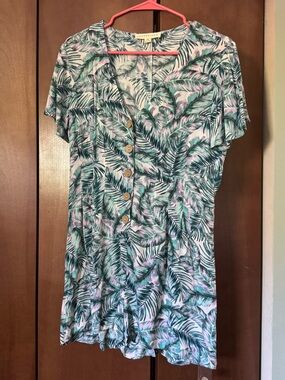 Lovestitch Tropical Leaf Button-Front Mini Romper NWT - Green & Pink Medium